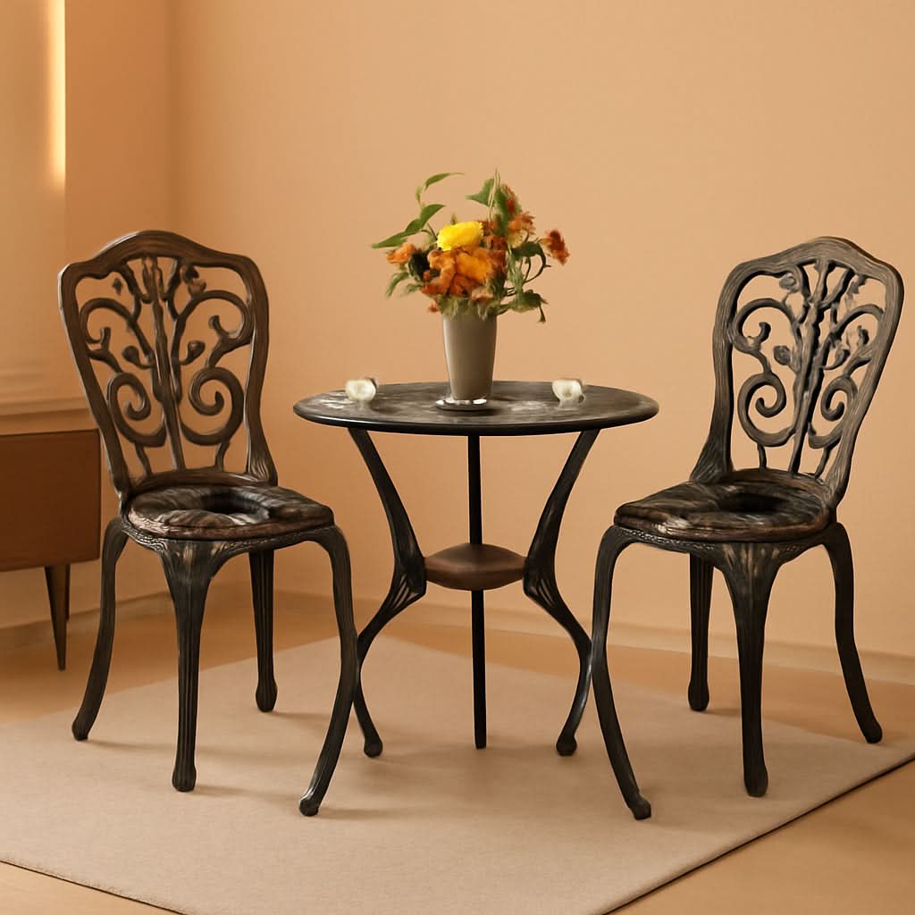 3 Piece Cast Aluminum Outdoor Patio Bistro Set With Umbrella Hole In Brown All Weather Durable