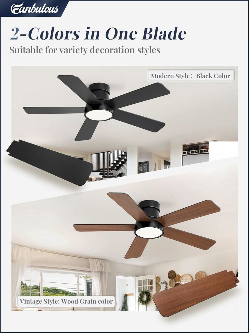 42 Inch Black Flush Mount Ceiling Fan With Remote Light