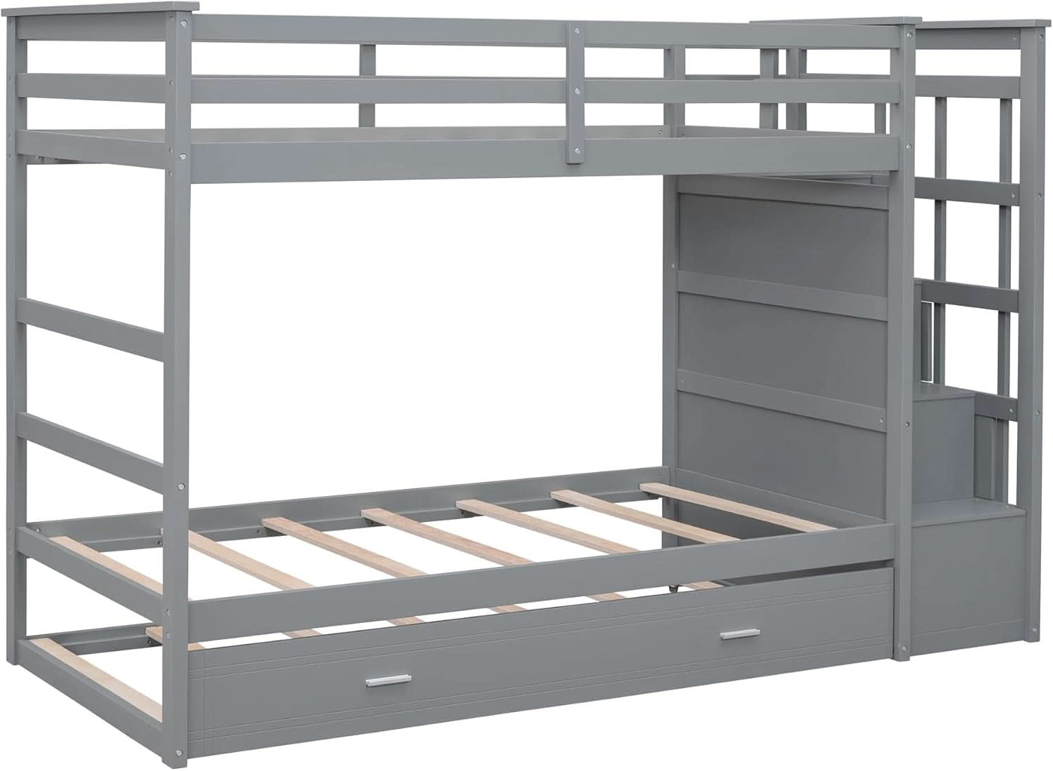 Natural Gray Twin Bunk Bed With Trundle And Stairs