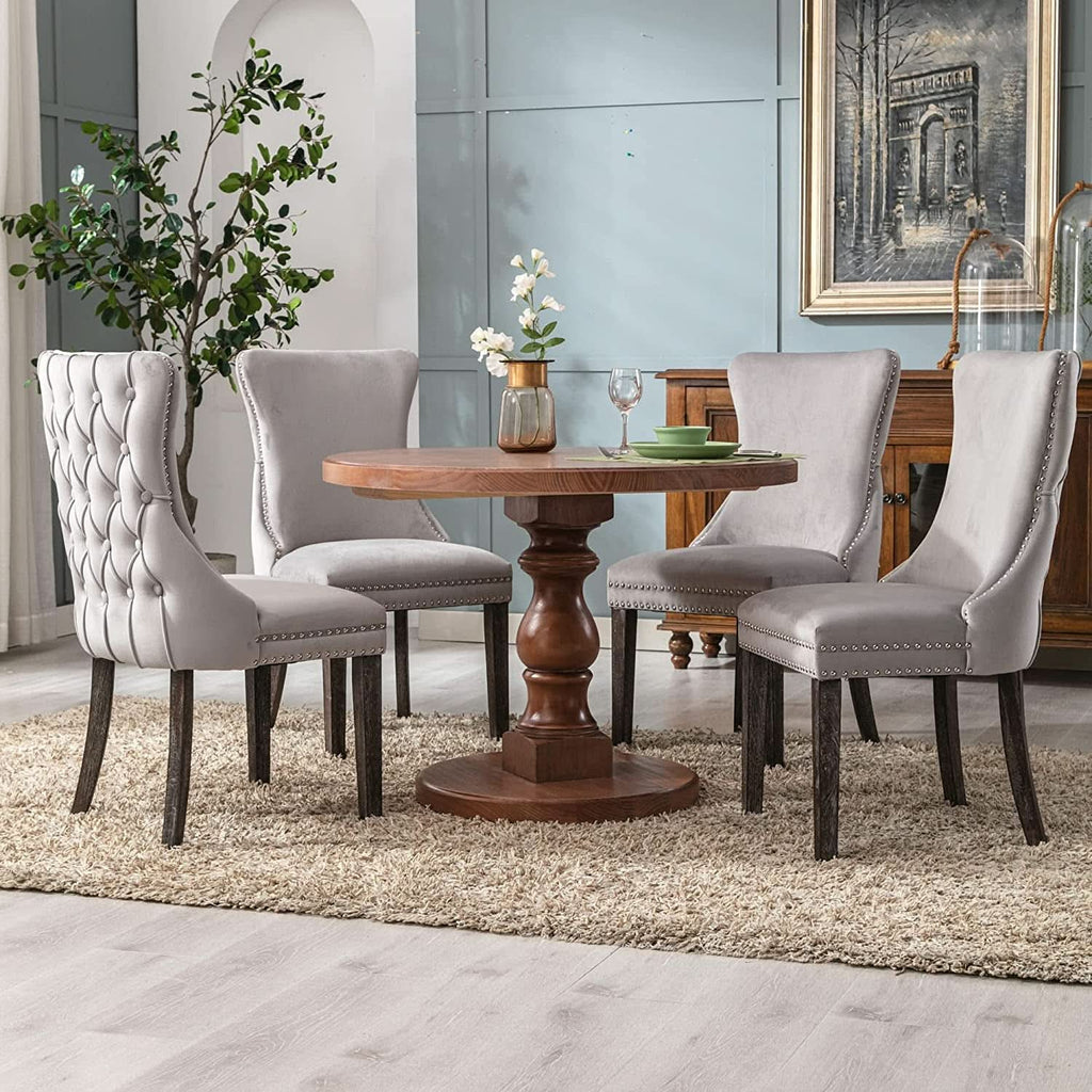 Set Of 2 Light Gray Velvet Tufted Wingback Dining Chairs Nailhead