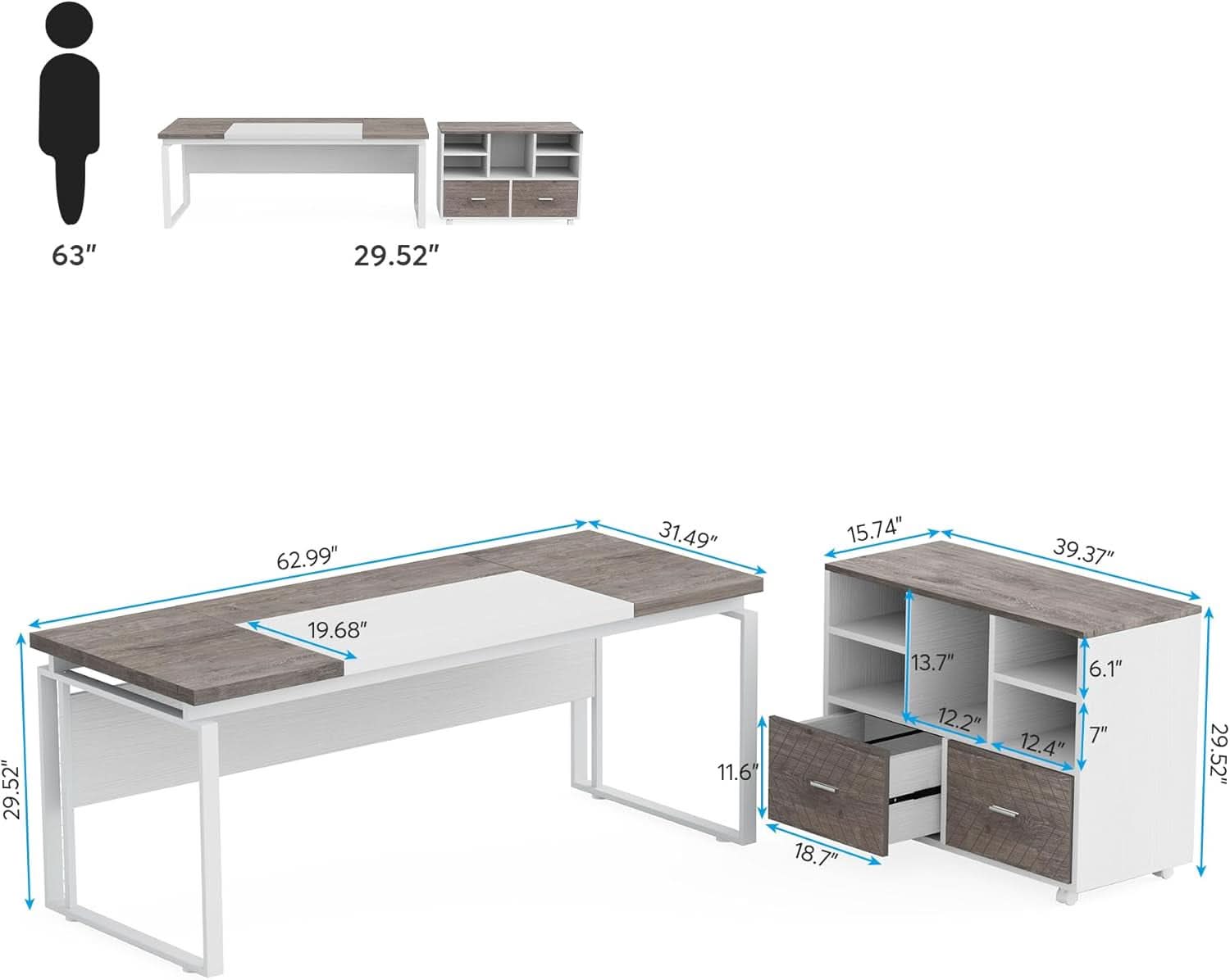 63 Inch L Shaped Desk Gray White With Reversible File Cabinet