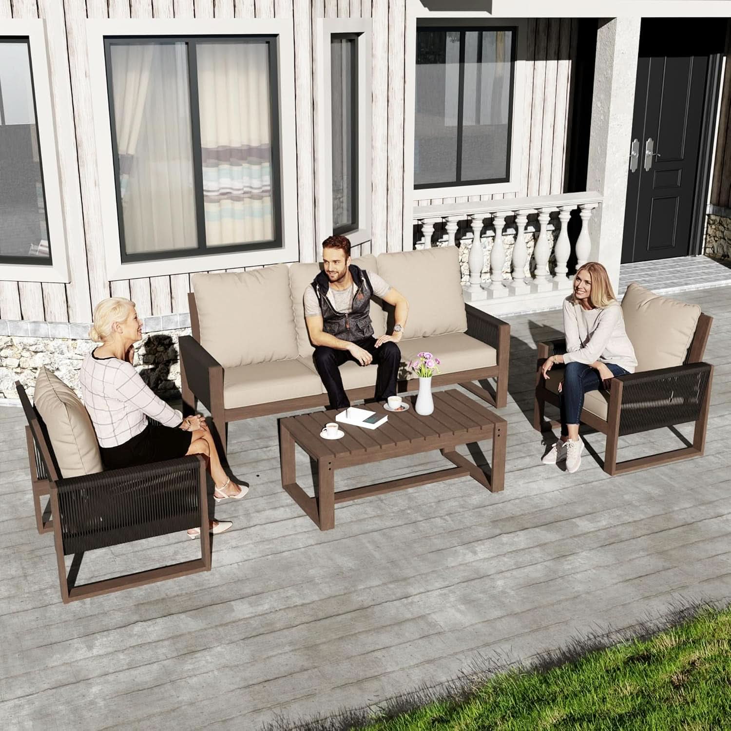 Wooden Outdoor Furniture Set with Comfortable Wicker Chairs