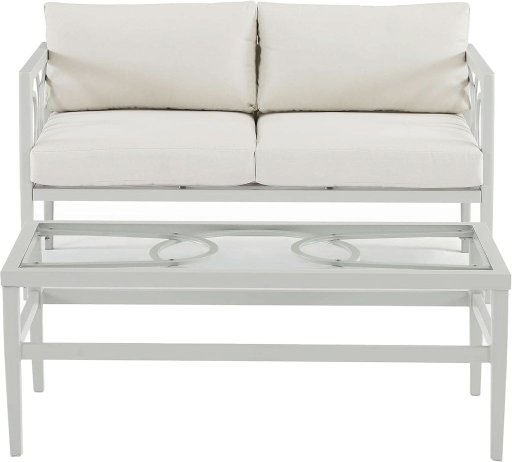 2 Piece Outdoor Coffee Table And Loveseat Set Gray Frame Creme Cushions