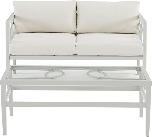 2 Piece Outdoor Coffee Table And Loveseat Set Gray Frame Creme Cushions