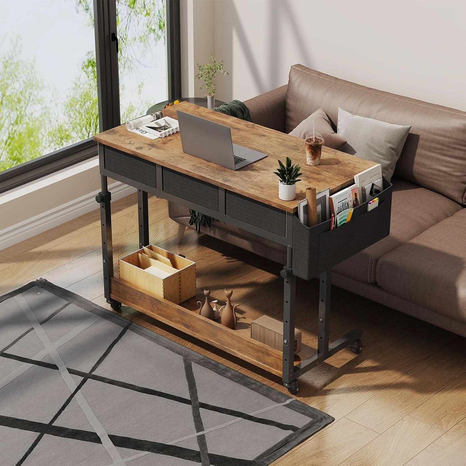 Rolling Height Adjustable Computer Desk With Drawers