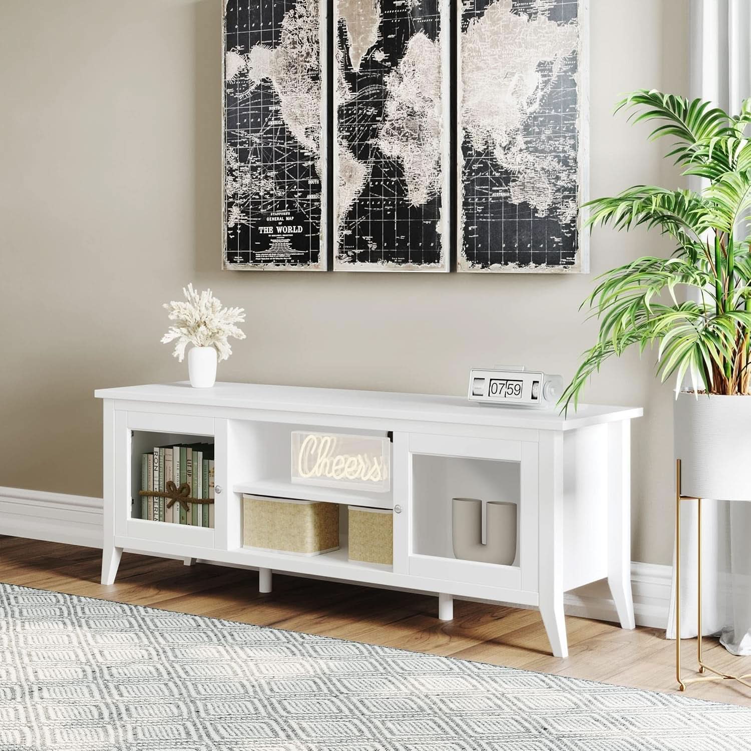55 Inch TV Stand White With Storage Shelves And Cubbies