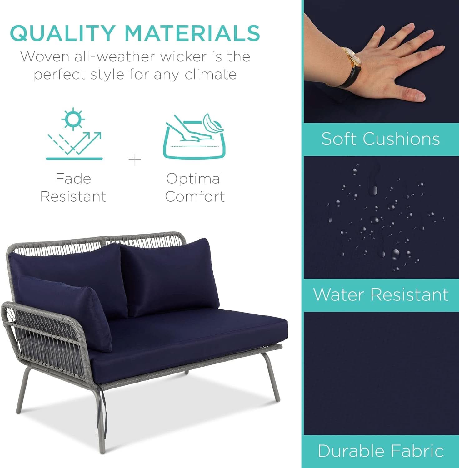 Outdoor Rope Woven Sectional Sofa Gray Navy Cushions