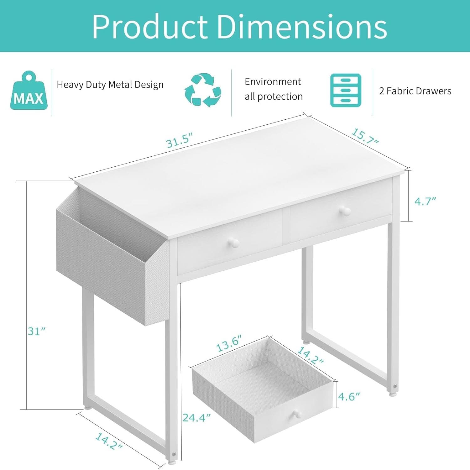 White Desk With Drawers 32 Inch Space Saving Home Office Desk