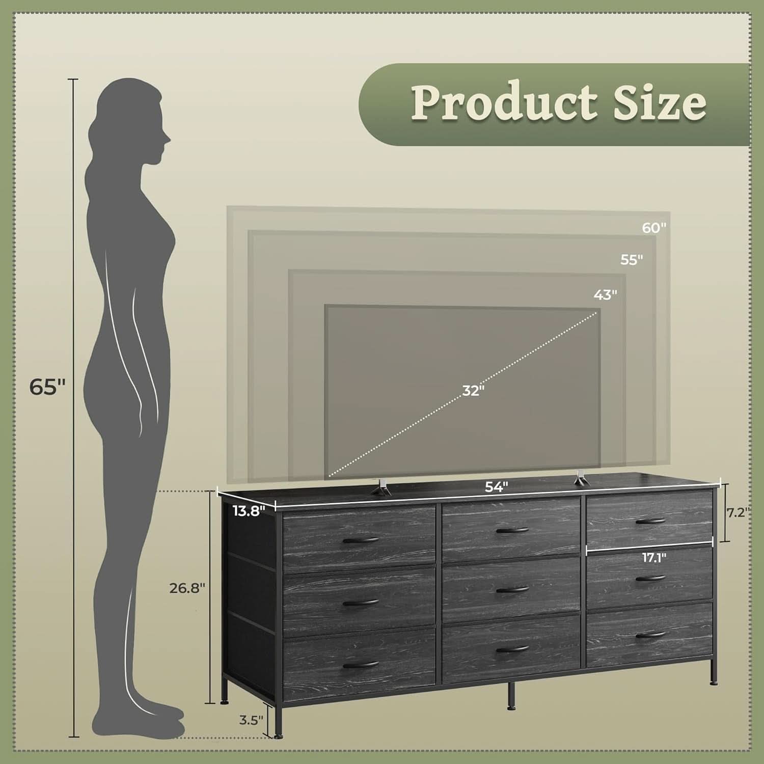 9 Drawer Dresser TV Stand 55 Inch Charcoal Black Wood Grain