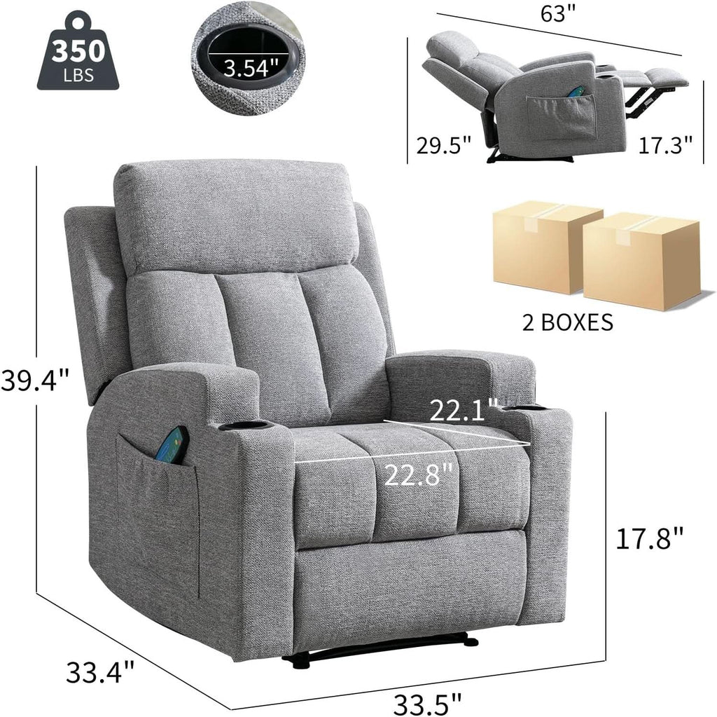 Light Grey Upholstered Manual Recliner With Massage