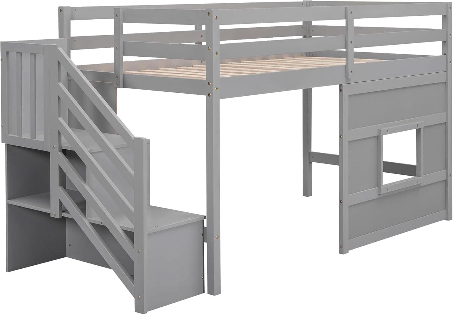 Twin Size Low Loft Bed In Gray With Stairs Storage
