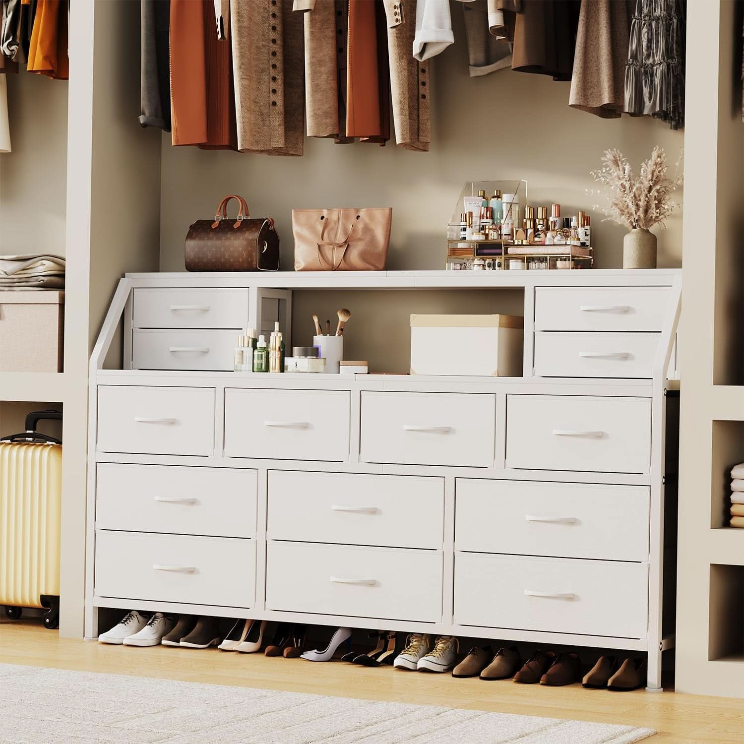 55 Inch Wide TV Stand Dresser 14 Drawers White Finish