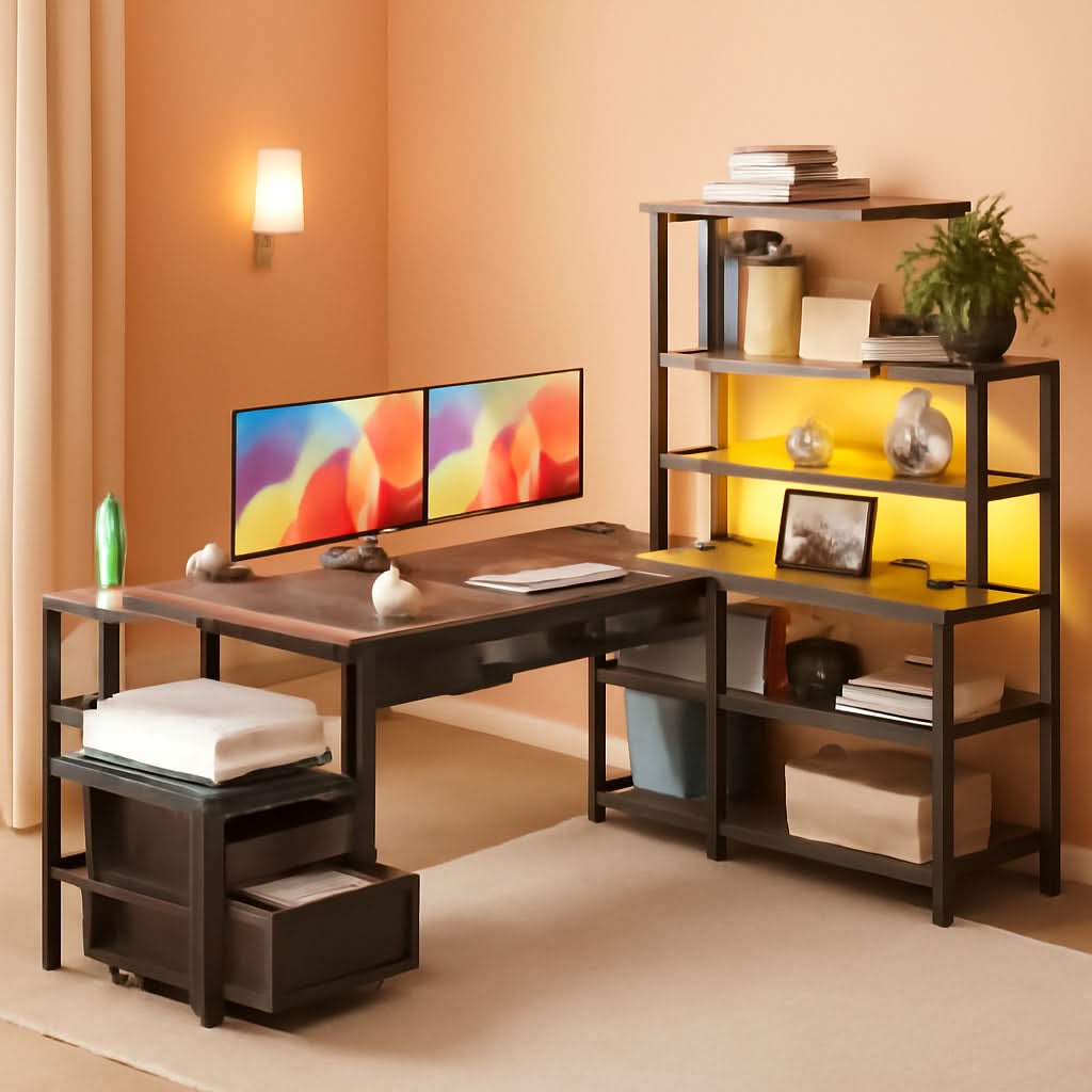 79 Inch L Shaped Desk With LED Lights Power Outlets