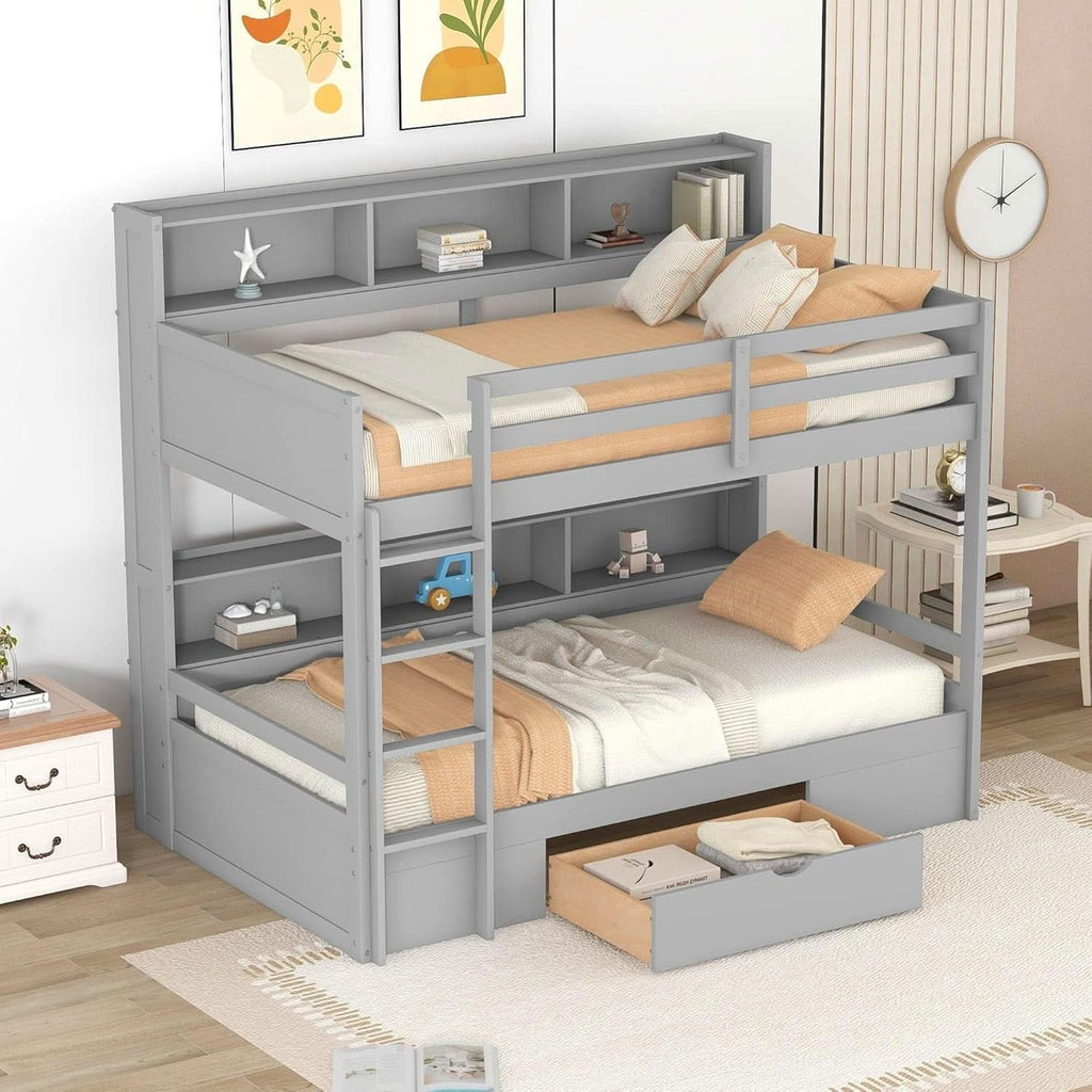 Gray Twin Over Twin Bunk Bed With Storage Drawers Shelves