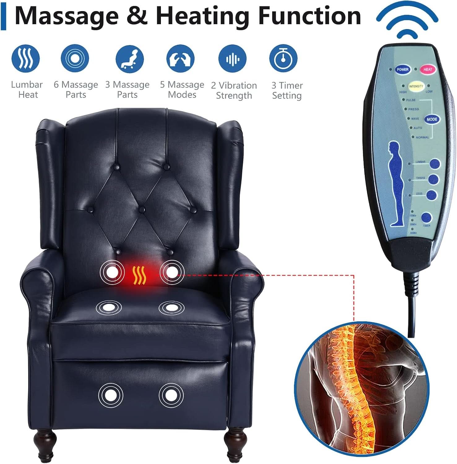 Wingback Recliner Chair Massage And Heat Tufted PU Leather