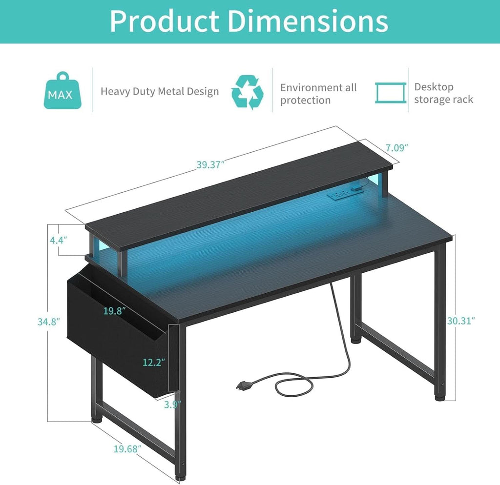 Black 40 Inch RGBIlluminated Gaming Desk With USB Ports