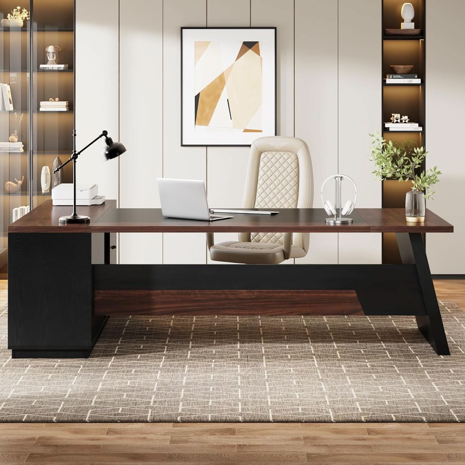 78 Inch L Shaped Executive Desk Walnut Black For Home Office