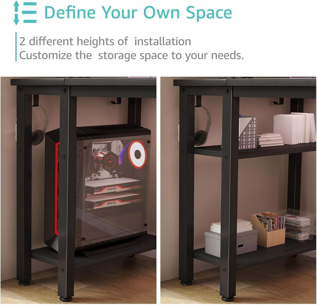 55 Inch Gaming Desk With Fabric Drawers And Shelves Black