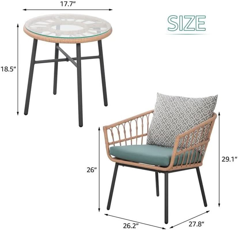 3 Piece Outdoor Patio Furniture Set With Conversation Bistro Tempered Coffee Table And Green Wicker Chairs