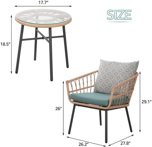 3 Piece Outdoor Patio Furniture Set With Conversation Bistro Tempered Coffee Table And Green Wicker Chairs