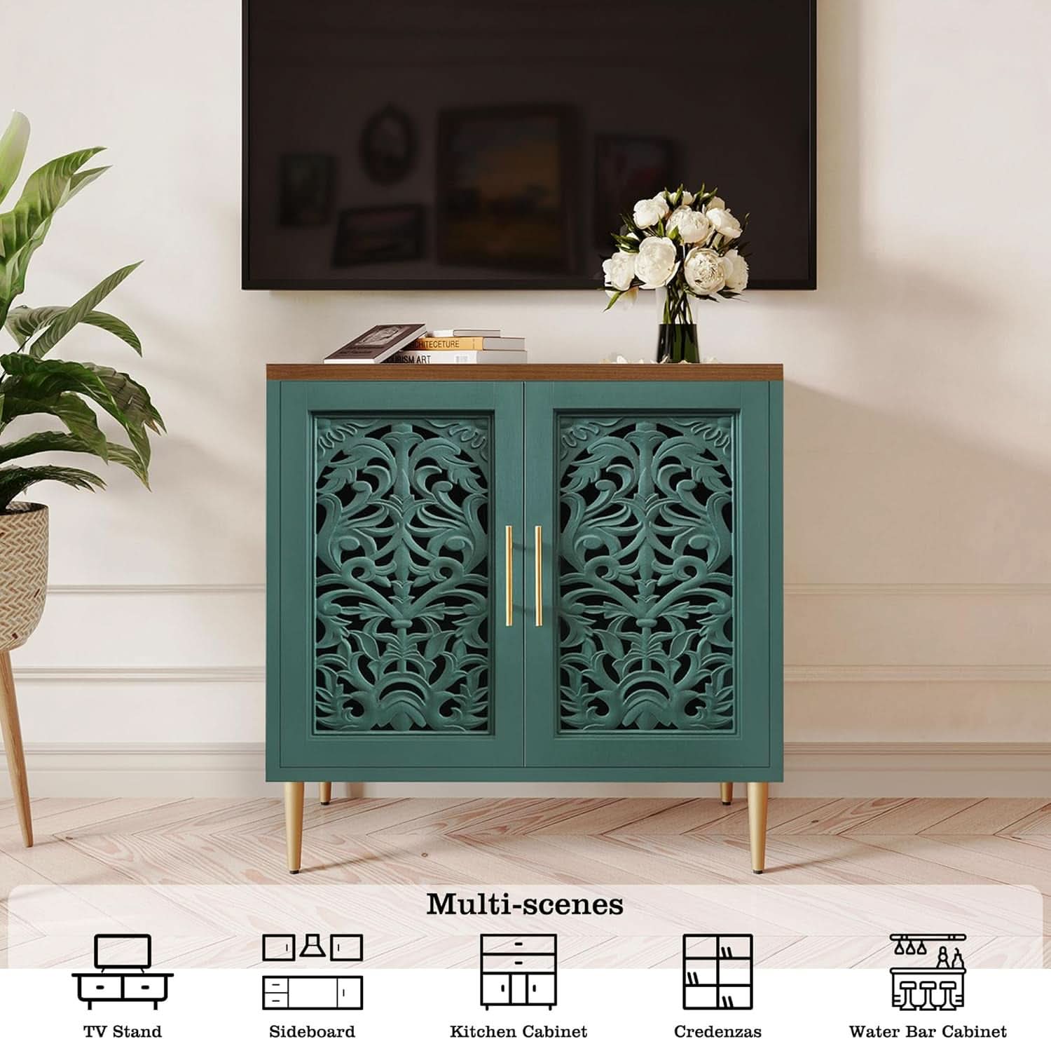 Green Accent Cabinet Carved Storage Vintage Furniture