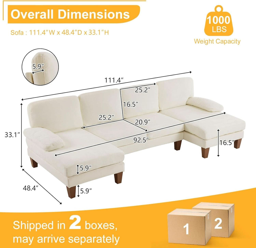 U Shape Sectional Sofa 111 Inch Beige Chenille Convertible