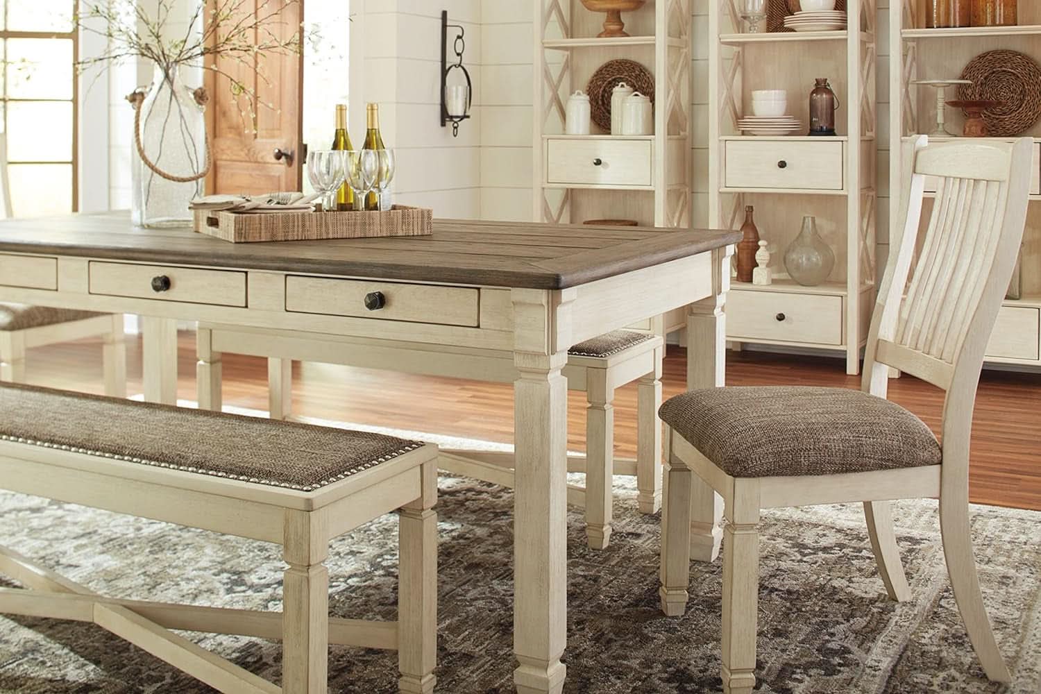 Bolanburg Farmhouse Dining Table Drawers Whitewash Seats 6