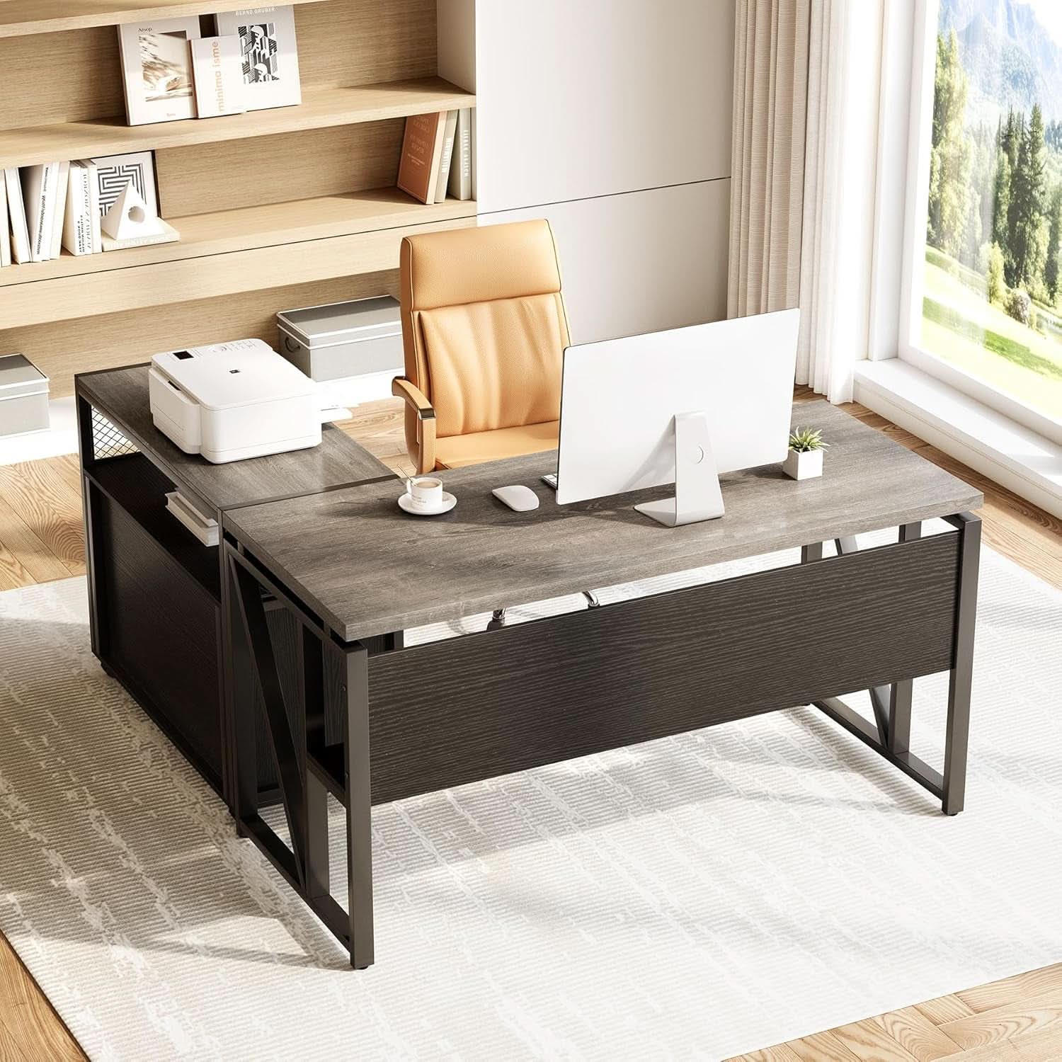 55 Inch L Shaped Office Desk With Grey Filing Cabinet Set