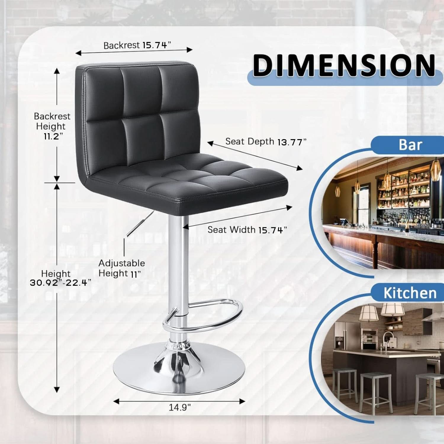 Black PU Leather Adjustable Swivel Bar Stools Set Of 2