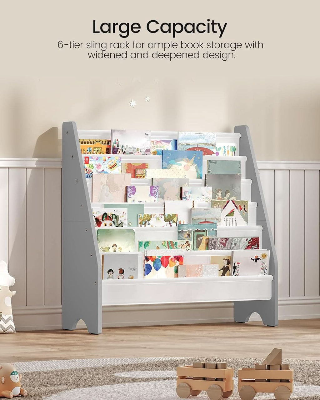 6 Tier Kids Bookshelf White And Gray Sling Book Organizer