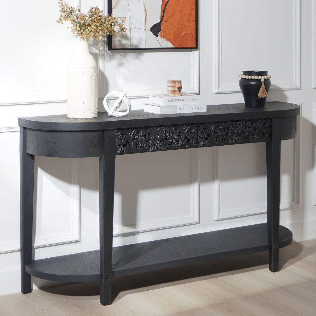 59.2in Black Carved Wooden Console Table with Lower Storage Shelf and Drawers