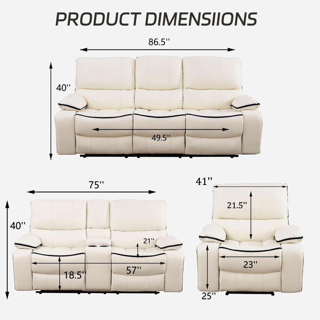 Creamy White Leather Recliner Sofa Set With Storage Console