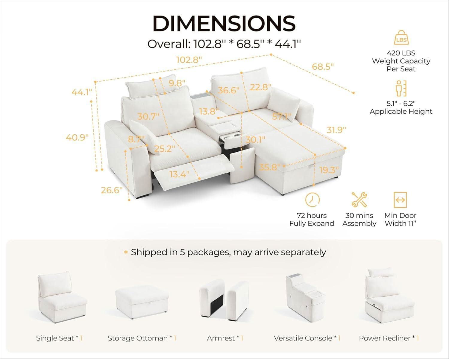 102.8 Inch White Chenille Power Recliner Sofa With Headrest Storage USB Table Wall Hugger