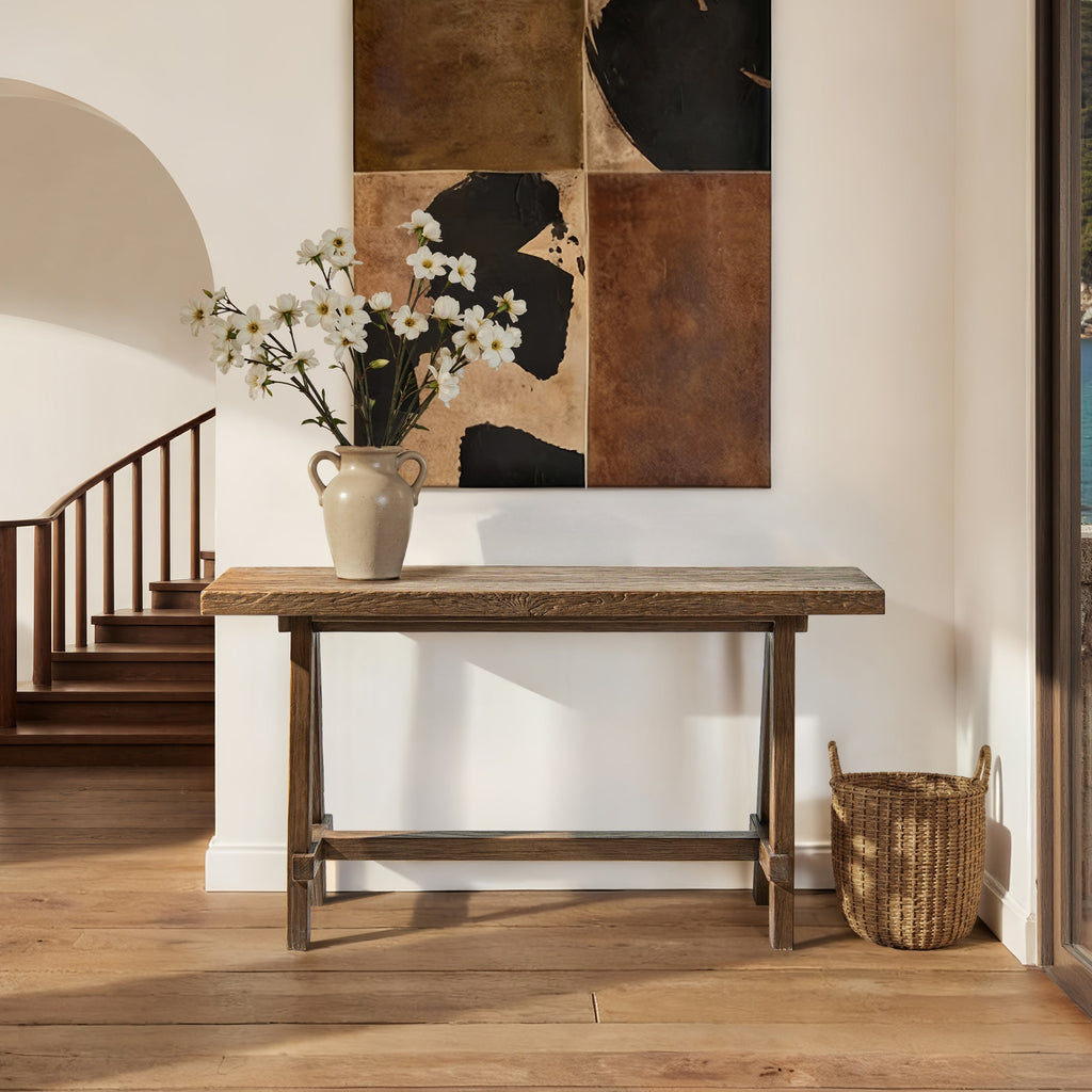 Hawthorne 60'' Solid Reclaimed Elm Trestle Console Table, Heritage Medium-Dark Brown