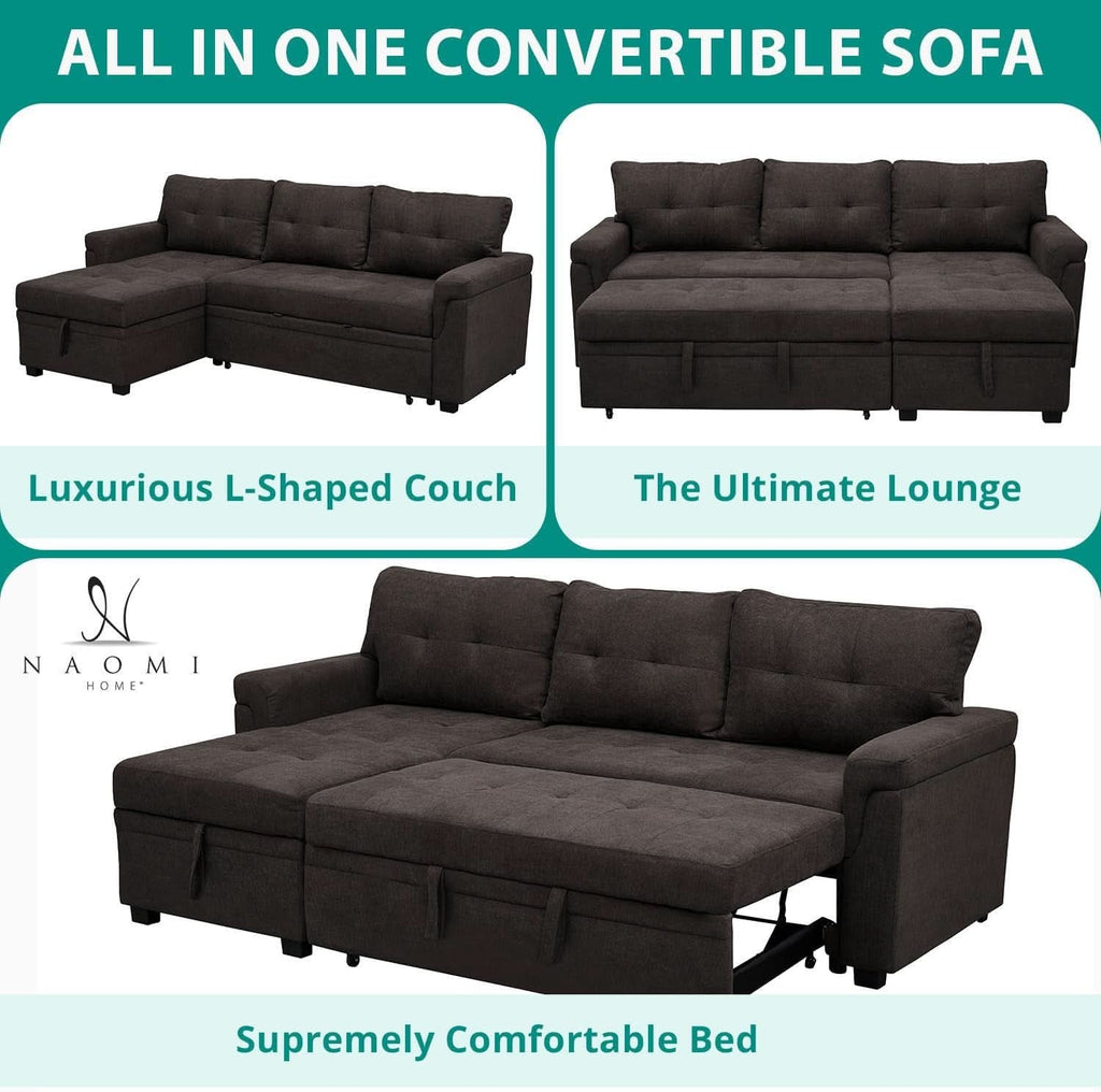 Espresso Velvet Sleeper Sectional Sofa Bed Chaise Set
