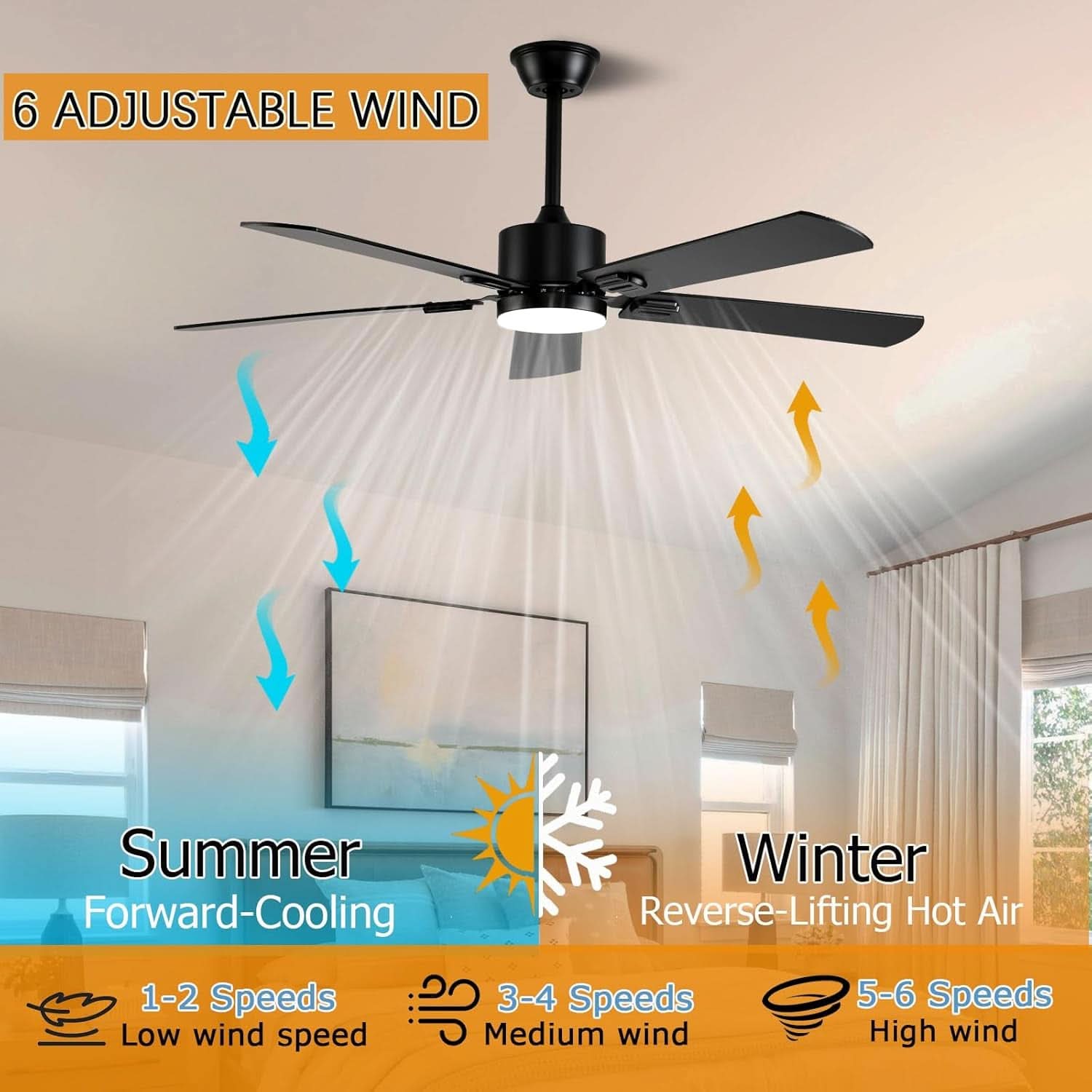56 Inch Black Ceiling Fan With Dimmable LED Lights And Remote App Control
