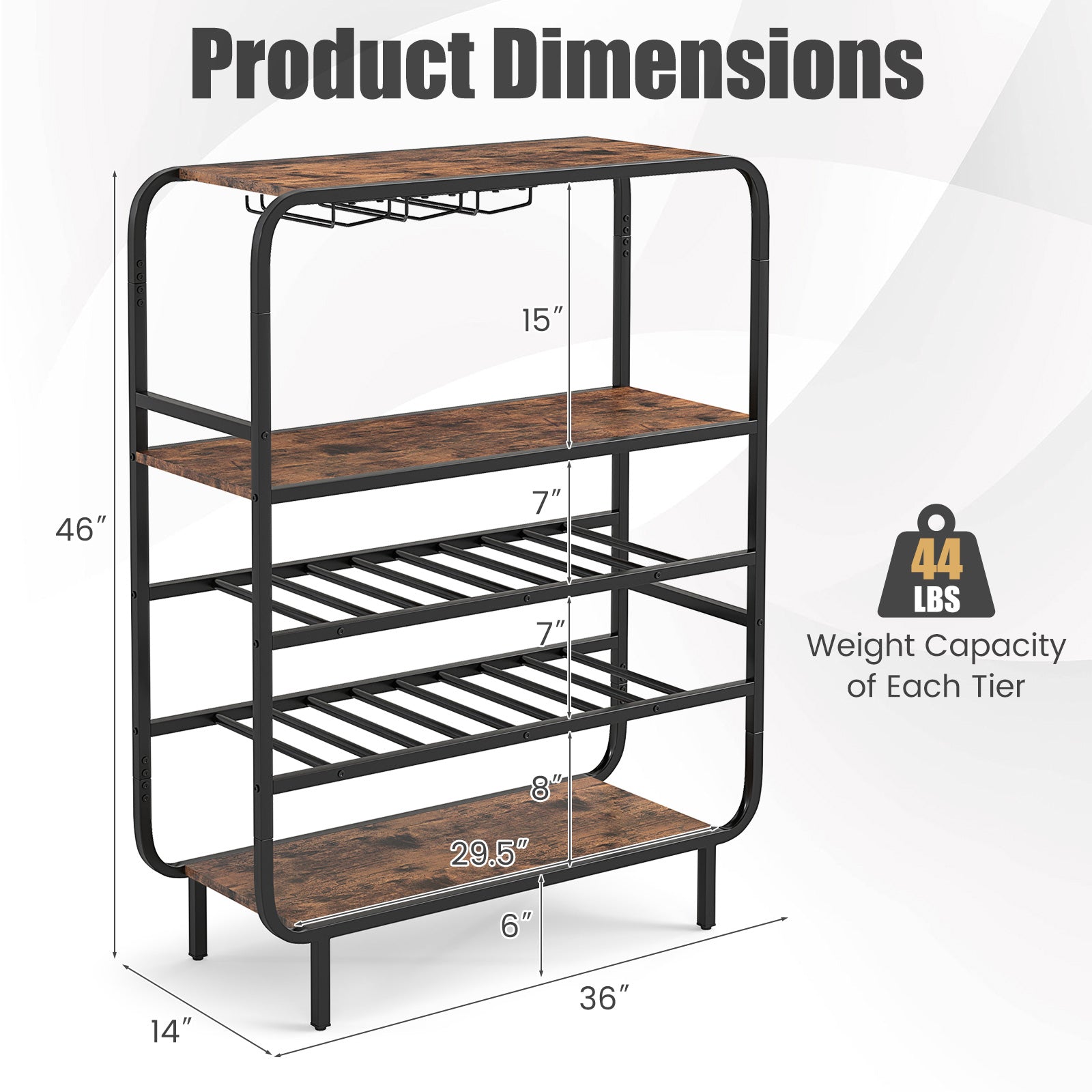 16 Bottle Wine Rack with 5-Tier Wine Shelf and Glass Holders for Kitchen Bar-Rustic Brown