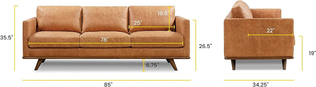 Nolita 85 Inch Cognac Tan Full Grain Pure Aniline Leather Sofa