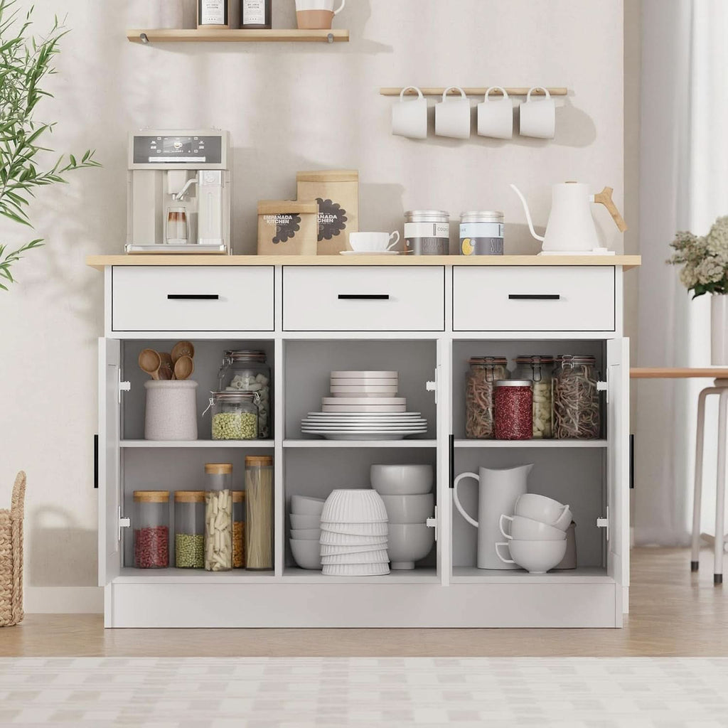 White Buffet Cabinet 47W Oak Top With 3 Doors And 3 Drawers