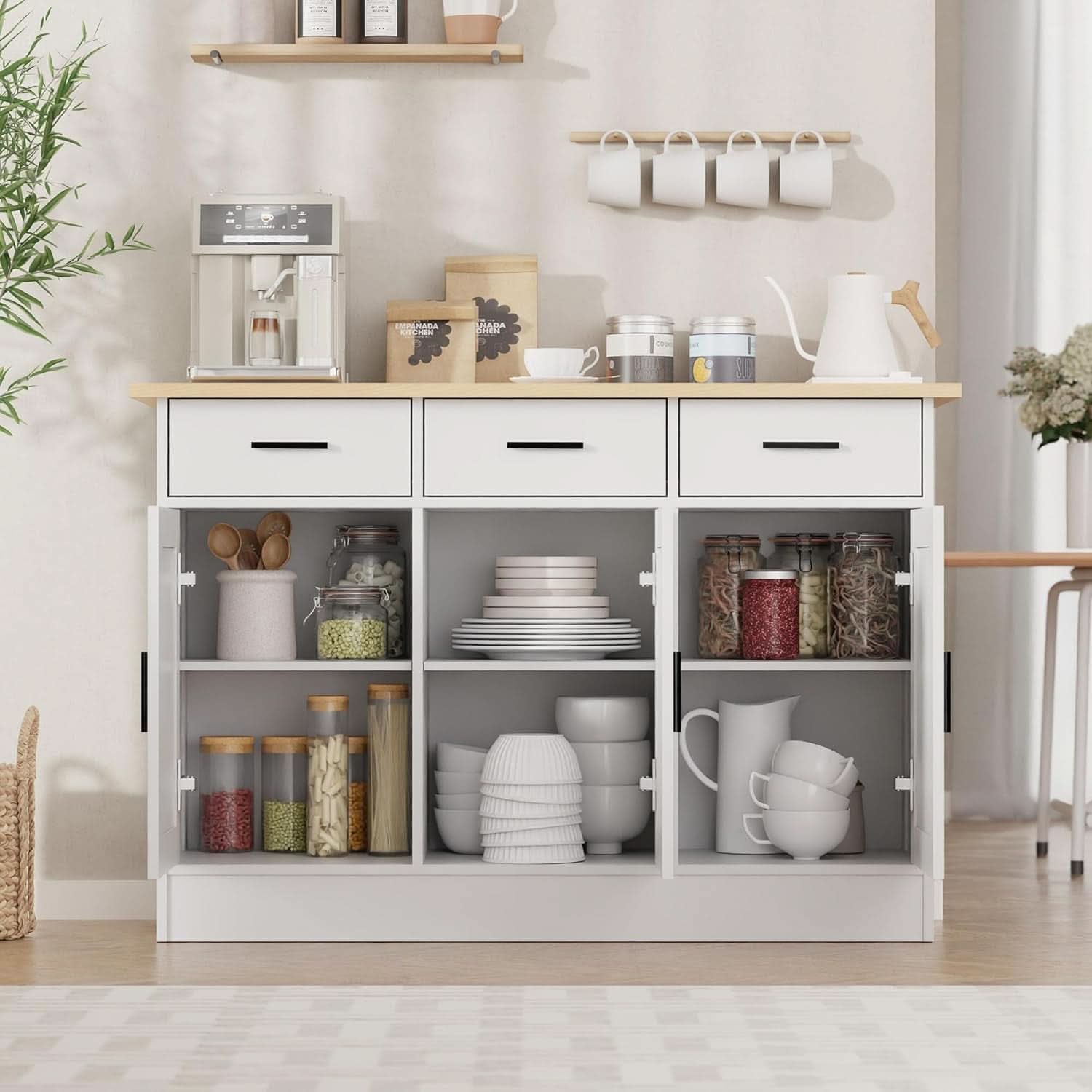 White Buffet Cabinet 47W Oak Top With 3 Doors And 3 Drawers