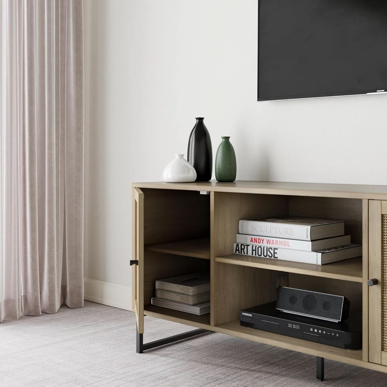 Mina Modern TV Stand With Storage Doors Oak Finish