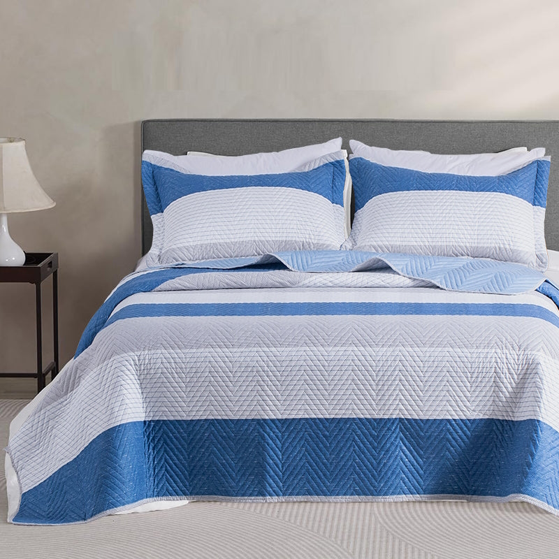 Kasentex Spring Lightweight Reversible Stripe Quilt Set Bedding- Sky Blue and Ivory White, Room Decor, Graduation Gifts, Father's Day Gift