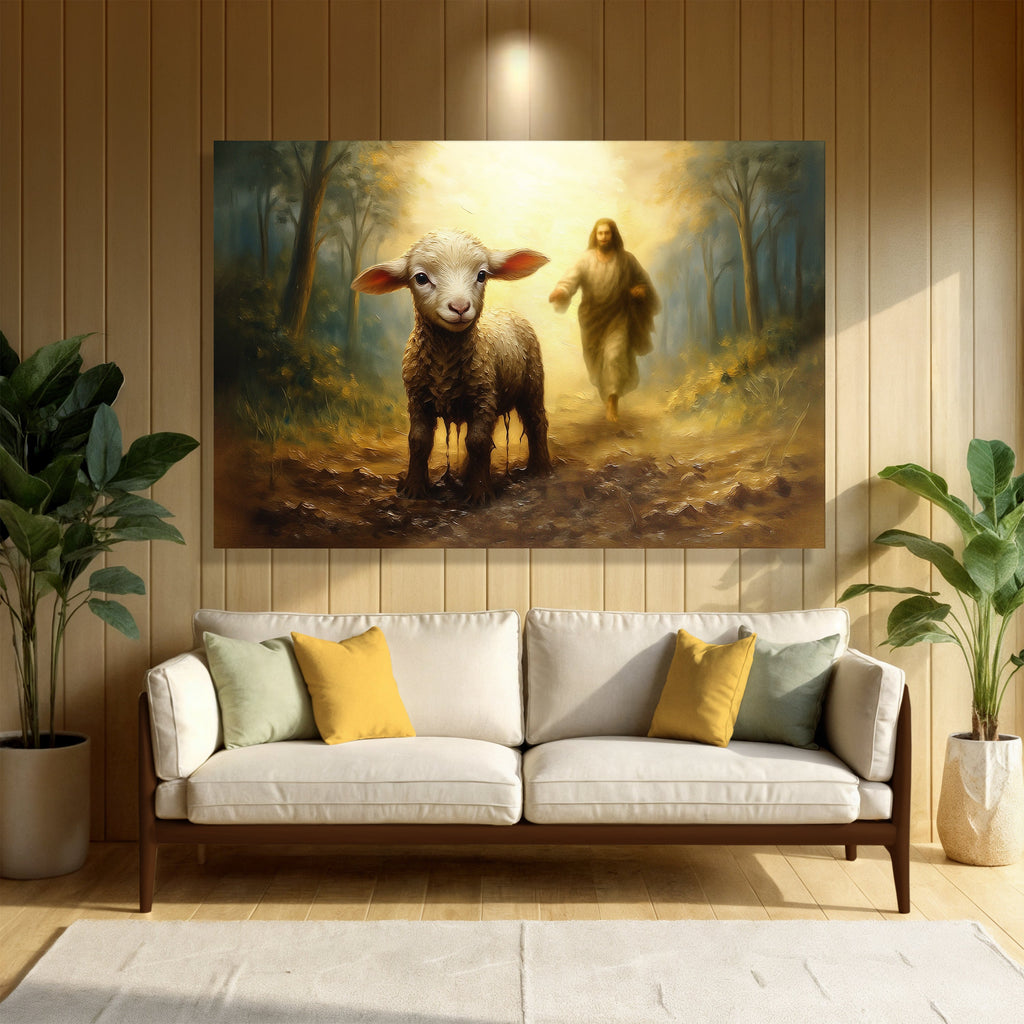 Jesus Running After A Lost Lamb Faith Wall Art