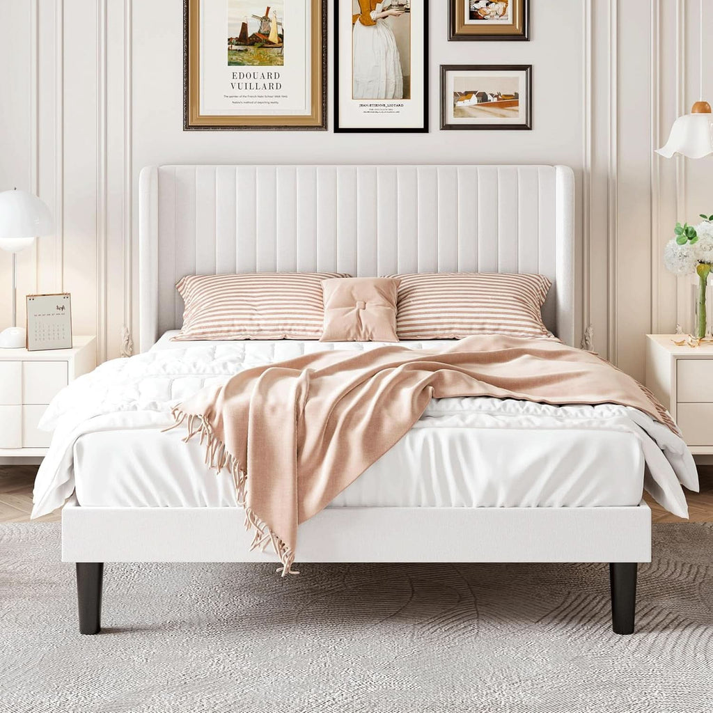 Velvet Upholstered Full Bed Frame With Wingback Headboard