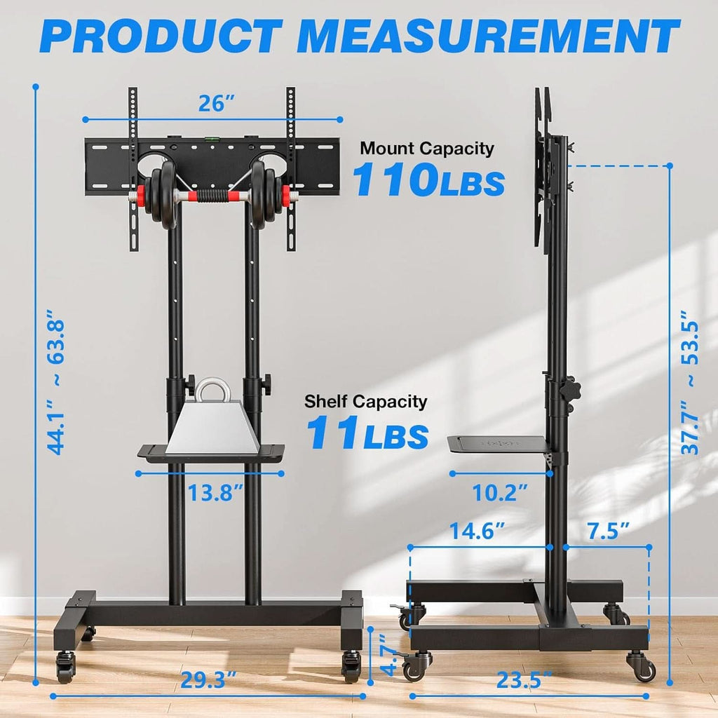 Height Adjustable Mobile TV Cart For 32 To 83 Inch Screens With Locking Wheels
