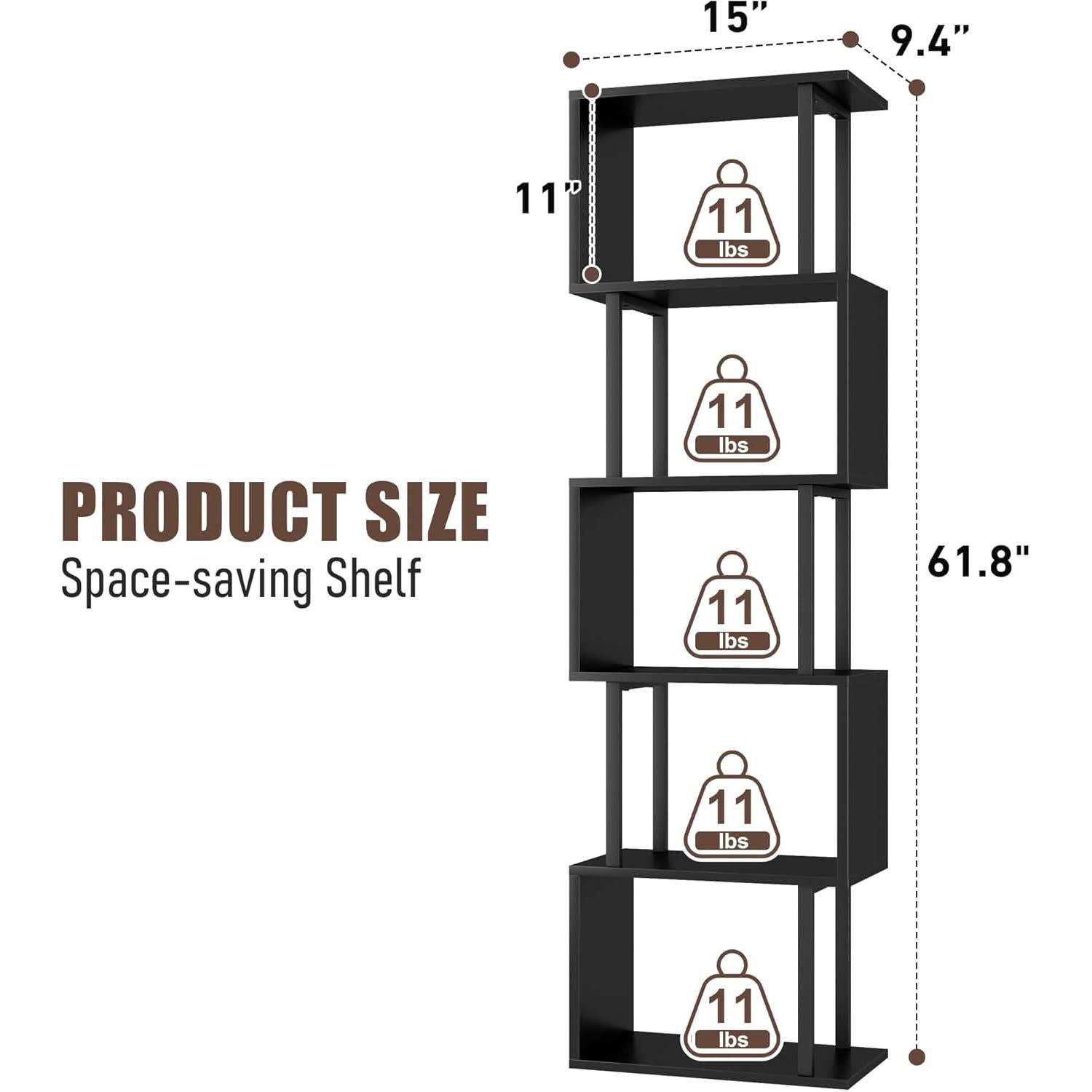 5 Tier S Shaped Bookcase Black Wood And Metal Livingroom