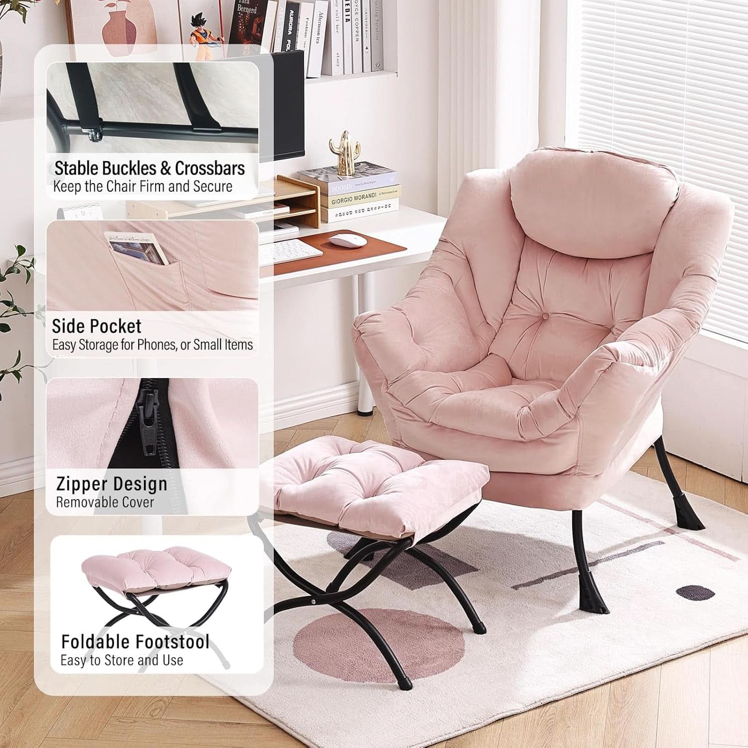 Pink Velvet Lounge Chair With Folding Footrest Ottoman