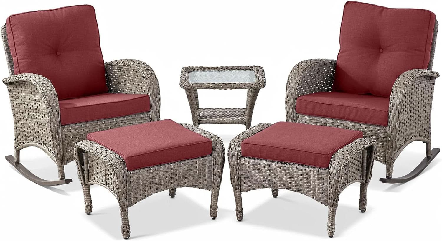 5 Piece Patio Rocking Chairs Set With Wicker Ottomans