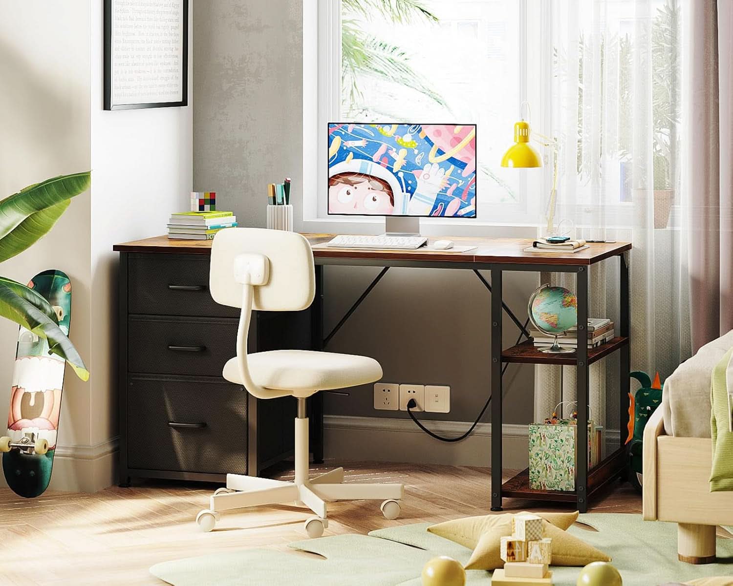 51 Inch Computer Desk With USB Outlets And Fabric Drawers