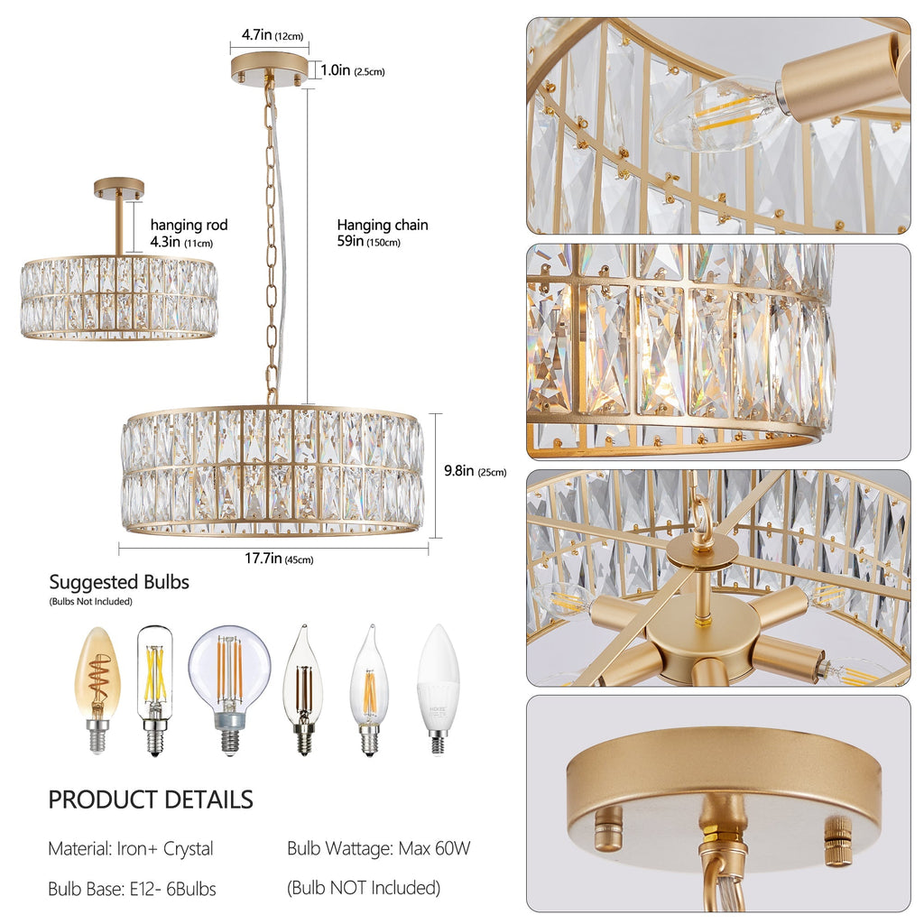 18' Golden Modern Crystal Drum Chandelier - 6-Light Pendant Lighting